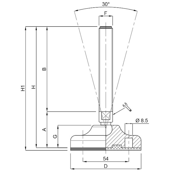 Martin Piede INOX A2 Base Plastica Snodato 30° Antiscivolo D.MM 85 M16/M20 - MARTIN - Immagine 2
